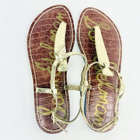 Sam Edelman GIGI Gold Metallic Reptile Embossed Leather T Strap Thong Sandals - Picture 9 of 16